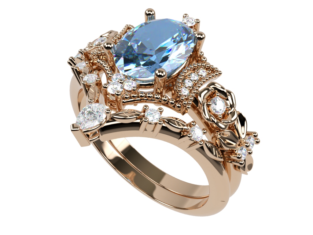 A rendered engagement ring with an aqua center stone