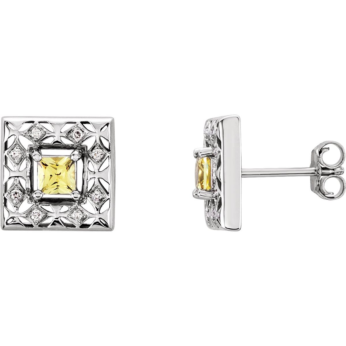 14K White Gold Natural Yellow Sapphire &.08 CTW Natural Diamond Earrings