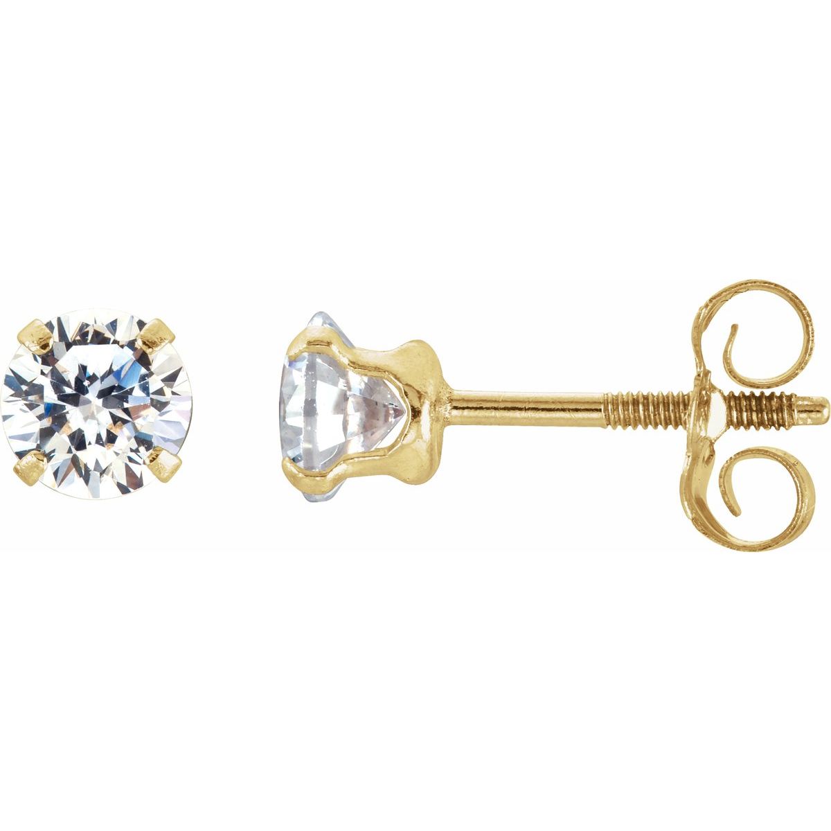 14K Yellow Gold 4 mm Imitation White Cubic Zirconia Youth Stud Earrings