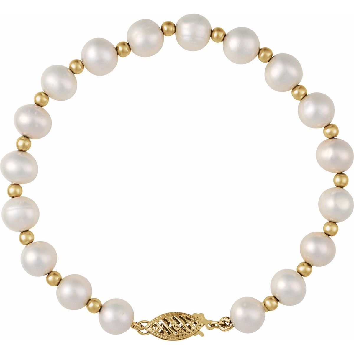 14K Yellow Gold Cultured White Freshwater Pearl 7 1/4" Bracelet