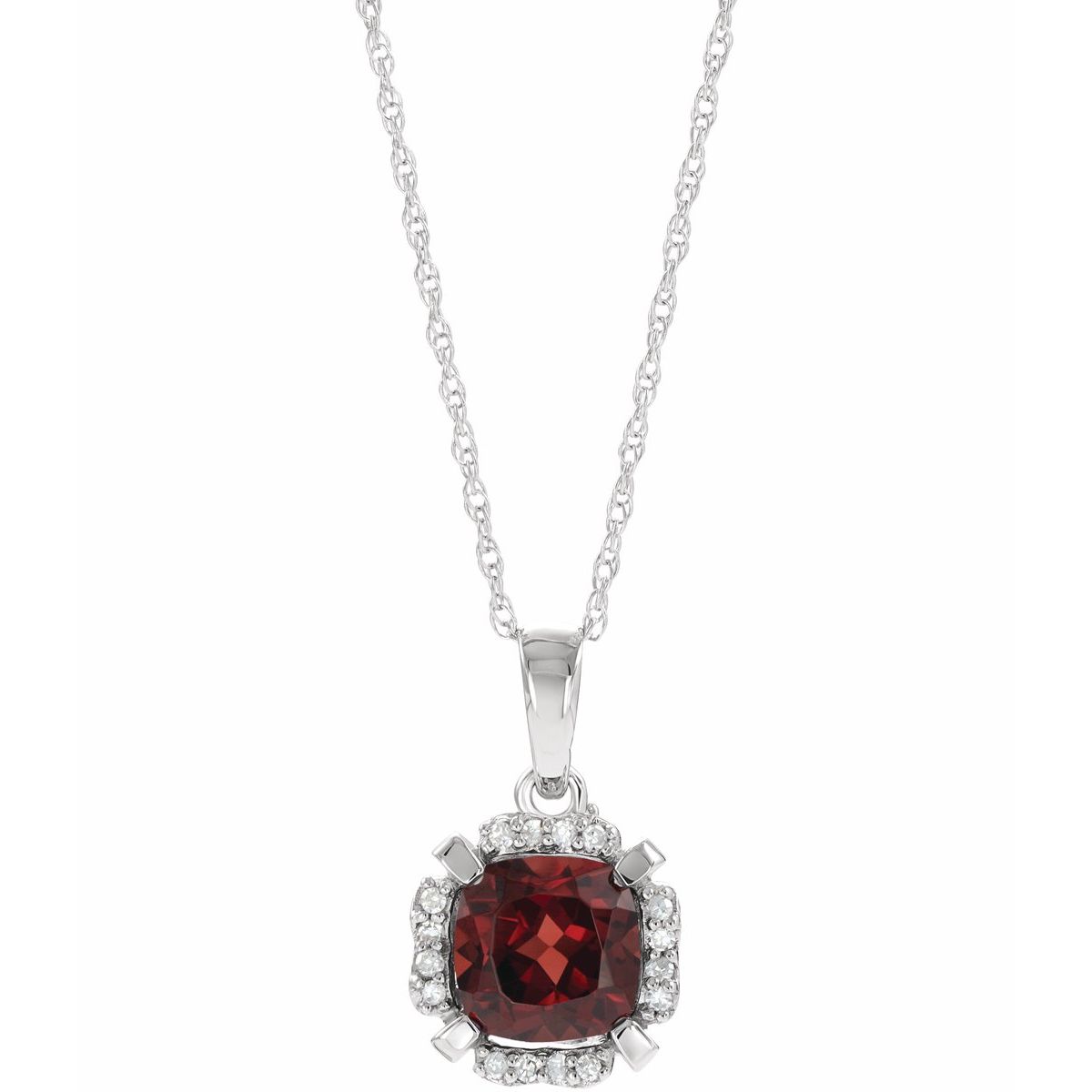 14K White Gold Natural Mozambique Garnet &.04 CTW Natural Diamond 18" Necklace