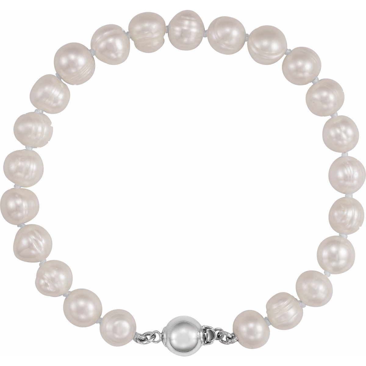 Sterling Silver 8-9 mm Cultured White Freshwater Pearl 7 3/4" Bracelet
