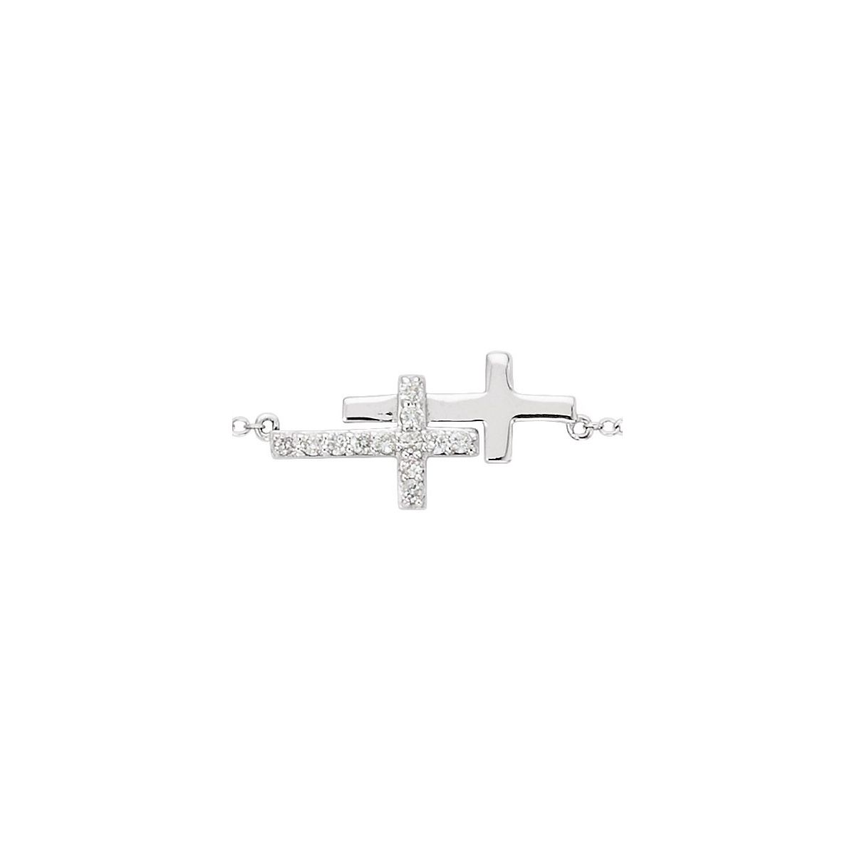 Sterling Silver Imitation Cubic Zirconia Double Sideways Cross 16-18" Necklace