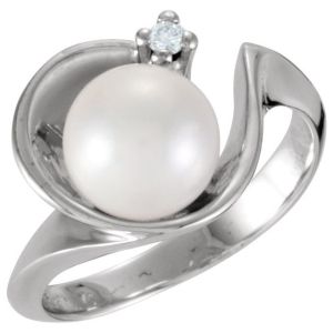 14K White Gold Cultured White Akoya Pearl & .03 CTW Natural Diamond Ring