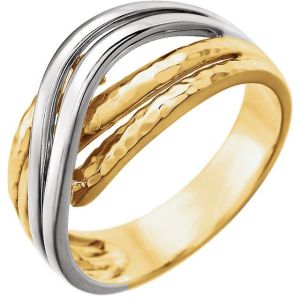 14K Yellow Gold/White Rhodium-Plated Criss-Cross Hammered Ring
