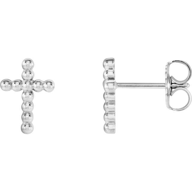 14K White Gold Beaded Cross Earrings